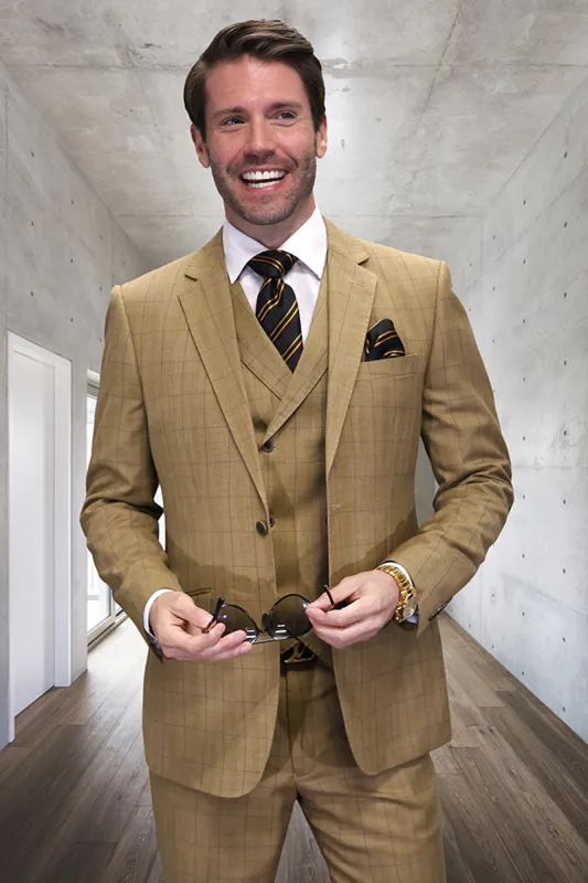 Men's Designer Wool Vested Windowpane Plaid Suit in Bronze sold by Alberto Nardoni