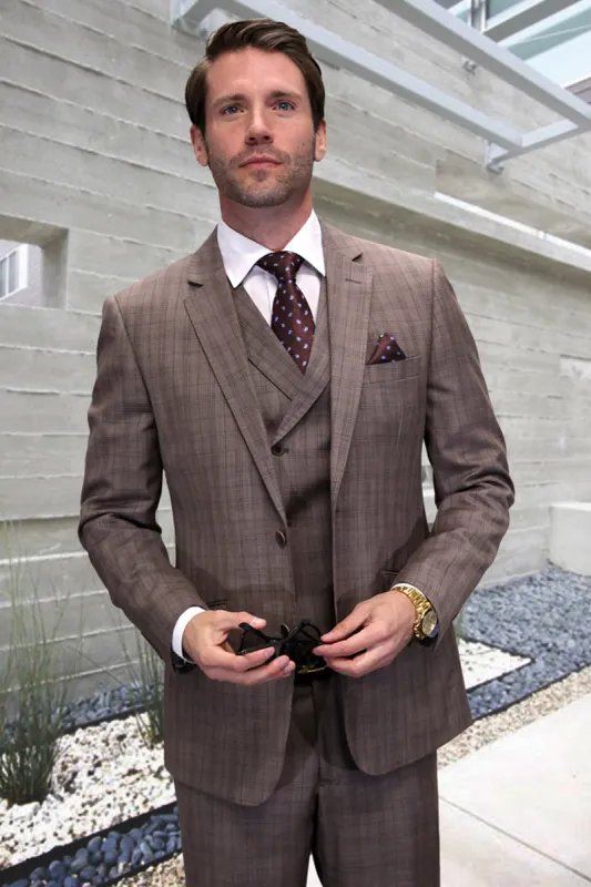 Men's Designer Wool Vested Windowpane Plaid Suit in Taupe sold by Alberto Nardoni