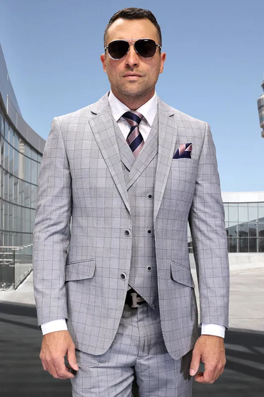 Men's Designer Wool Vested Modern Fit Windowpane Plaid Suit in Black sold by Alberto Nardoni