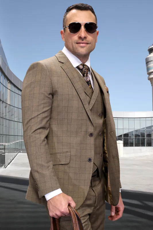 Men's Designer Wool Vested Modern Fit Windowpane Plaid Suit in Bronze made by Alberto Nardoni