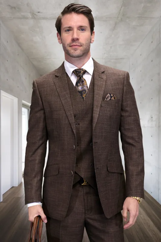 Men's Designer Wool Vested Modern Fit Sharkskin Suit in Brown made by Alberto Nardoni