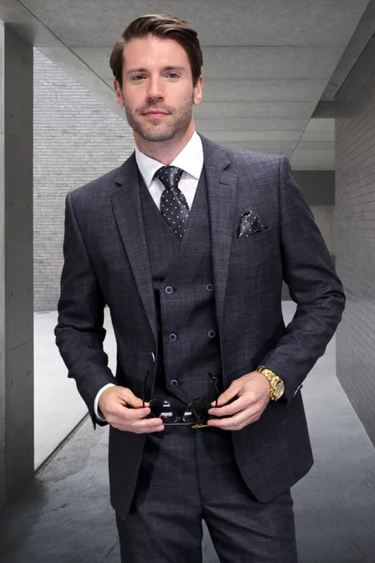 Men's Designer Wool Vested Modern Fit Sharkskin Suit in Charcoal Grey sold by Alberto Nardoni