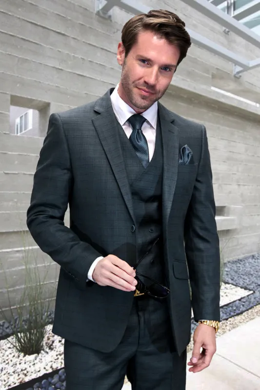 Men's Designer Wool Vested Modern Fit Sharkskin Suit in Hunter Green sold by Alberto Nardoni