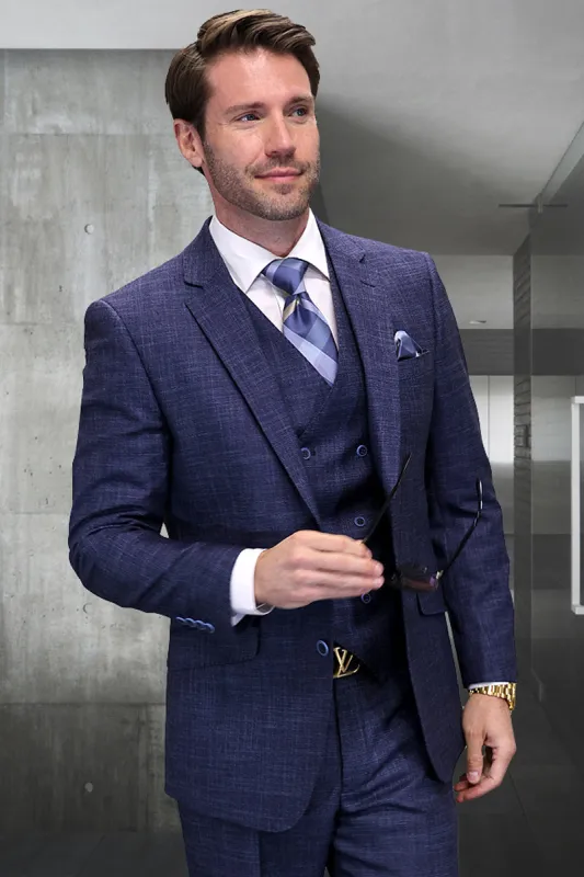 Men's Designer Wool Vested Modern Fit Sharkskin Suit in Midnight Blue sold by Alberto Nardoni