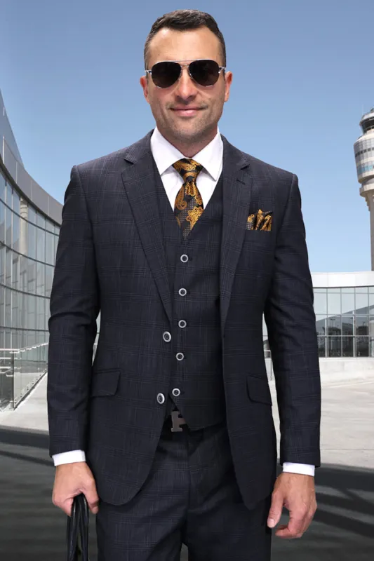 Men's Designer Vested Wool Modern Fit Sharkskin Suit in Black sold by Alberto Nardoni