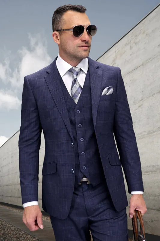 Men's Designer Vested Wool Modern Fit Sharkskin Suit in Navy Blue sold by Alberto Nardoni
