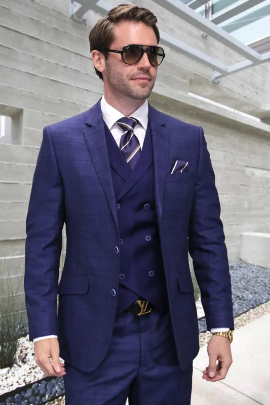 Men's Designer Wool Suit in Sapphire Blue Sharkskin with Double Breasted Vest sold by Alberto Nardoni