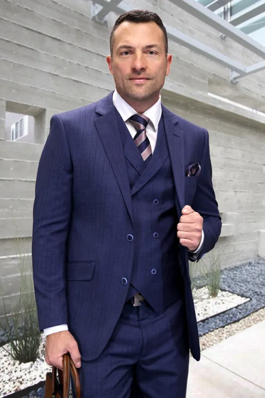 Men's Two Button Modern Fit Wool Suit in Blue Plaid with Double Breasted Vest sold by Alberto Nardoni