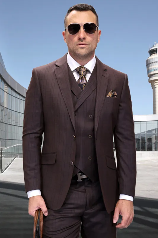 Men's Two Button Modern Fit Wool Suit in Brown Plaid with Double Breasted Vest sold by Alberto Nardoni