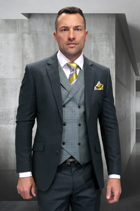 Men's Modern Fit Designer Wool Suit in Hunter Green with a Double Breasted Plaid Vest sold by Alberto Nardoni