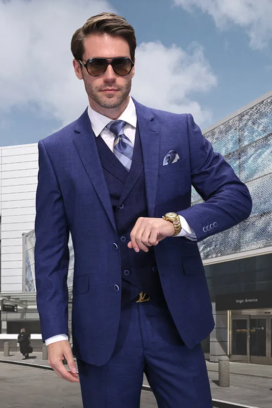 Men's Modern Fit Designer Wool Suit in Indigo Blue with a Double Breasted Plaid Vest sold by Alberto Nardoni