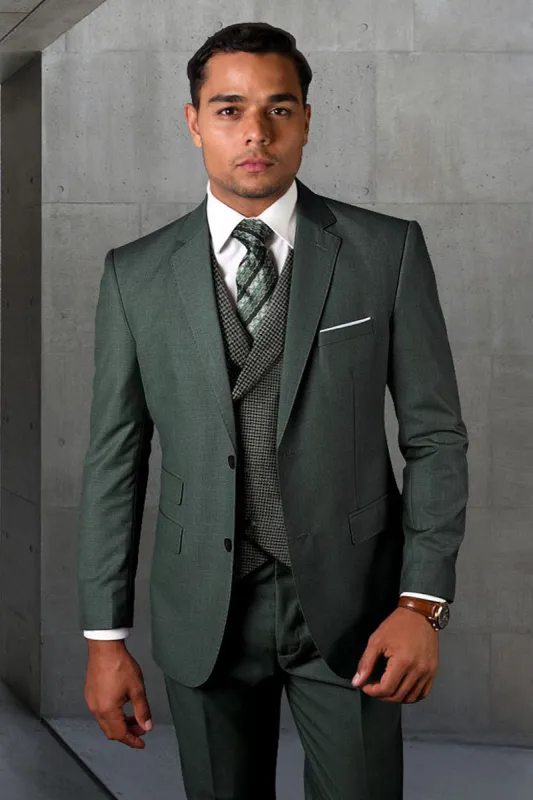 Men's Designer Two Button Wool Suit in Hunter Green with Micro Plaid Double Breasted Vest sold by Alberto Nardoni