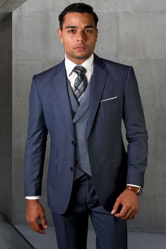 Men's Designer Two Button Wool Suit in Indigo Blue with Micro Plaid Double Breasted Vest sold by Alberto Nardoni