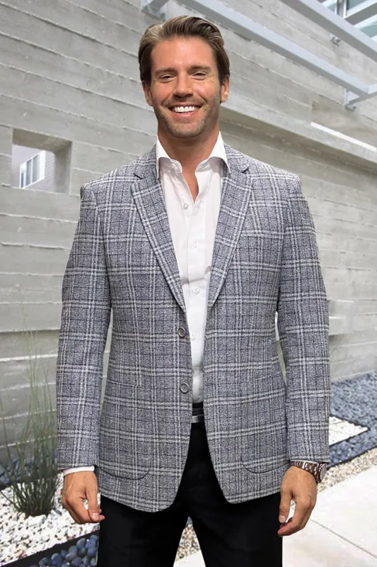 Men's Modern Fit Wool & Cashmere Patch Pocket Sport Coat Blazer in Grey Windowpane Plaid sold by Alberto Nardoni