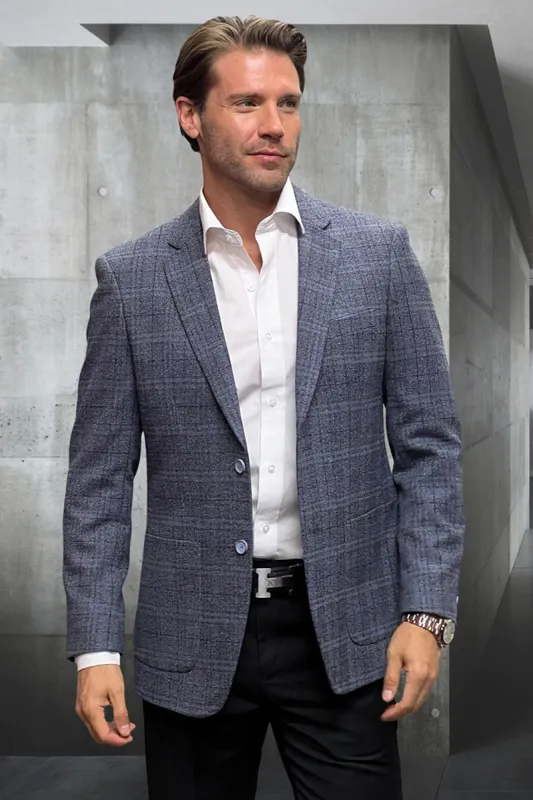 Men's Modern Fit Wool & Cashmere Patch Pocket Sport Coat Blazer in Blue Windowpane Plaid sold by Alberto Nardoni