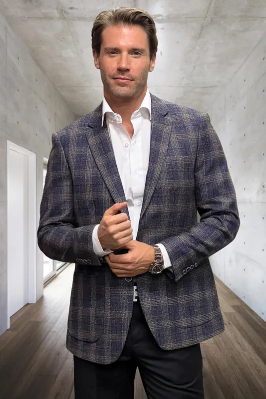 Men's Modern Fit Wool & Cashmere Patch Pocket Sport Coat Blazer in Navy Windowpane Plaid sold by Alberto Nardoni