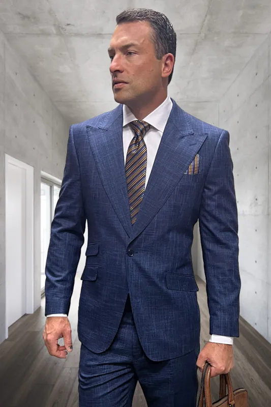 Men's Designer One Button Peak Lapel Wool Suit in Indigo Blue Plaid sold by Alberto Nardoni