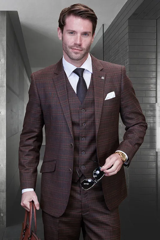 Men's Modern Fit Vested Wool Suit in Copper Plaid sold by Alberto Nardoni