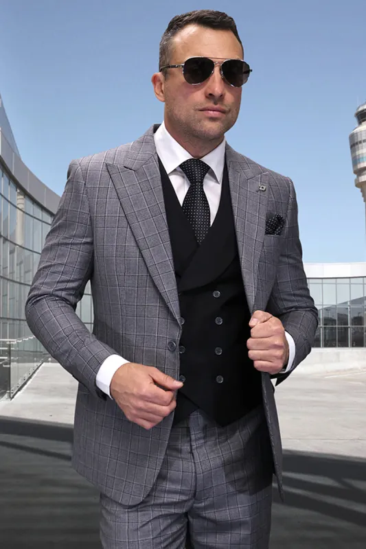 Men's Designer One Button Peak Lapel Vested Wool Suit in Black  Plaid sold by Alberto Nardoni