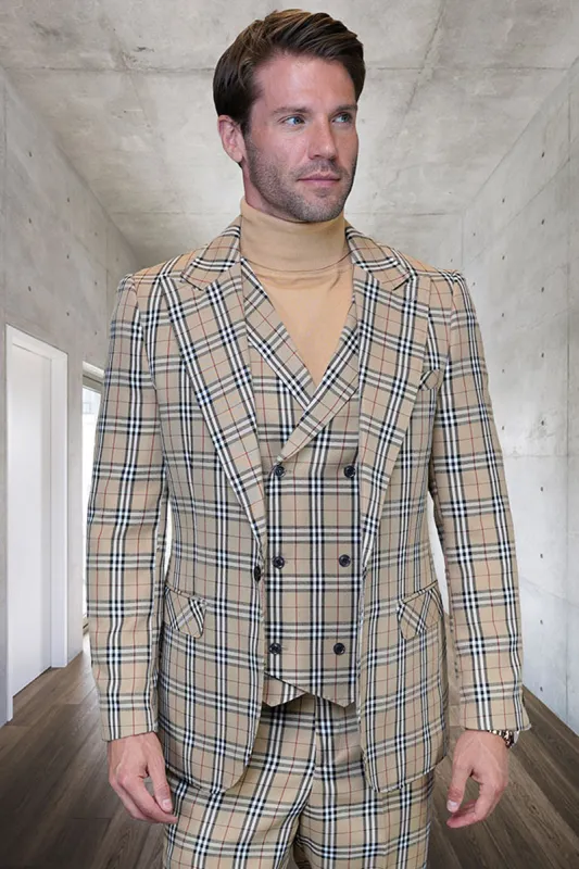 Men's Designer One Button Peak Lapel Vested Wool Suit in Tan & Blue Windowpane Plaid sold by Alberto Nardoni