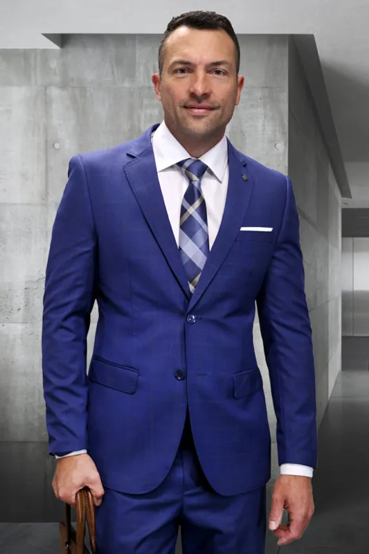 Men's Designer Modern Fit Italian Wool Suit in Indigo Blue Plaid sold by Alberto Nardoni