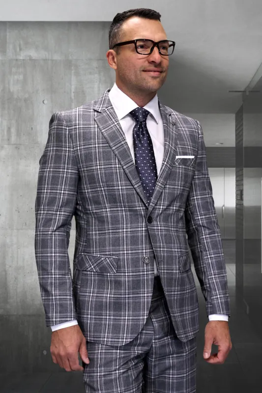 Men's Designer Modern Fit Italian Wool Suit in Taupe Plaid sold by Alberto Nardoni