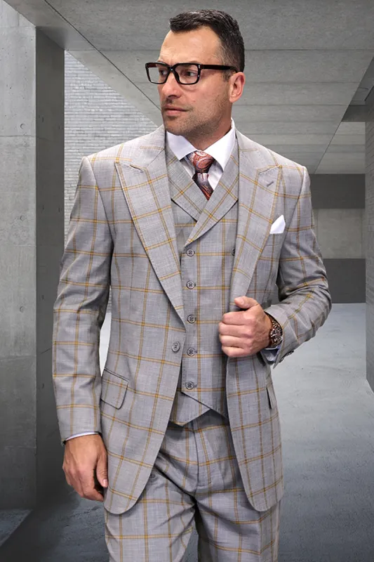 Men's Designer One Button Peak Lapel Vested Wool Suit in Tan & Gold Windowpane Plaid sold by Alberto Nardoni