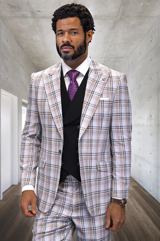 Men's Designer One Button Peak Lapel Vested Wool Suit in Grey & Tan Glen Plaid sold by Alberto Nardoni