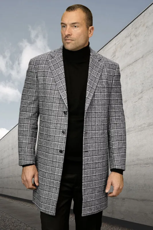 Men's Designer 100% Wool Winter Car Coat in Black Plaid sold by Alberto Nardoni