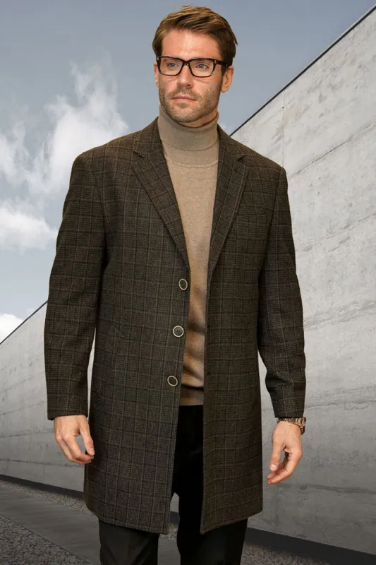 Men's Designer 100% Wool Winter Car Coat in Brown Plaid sold by Alberto Nardoni