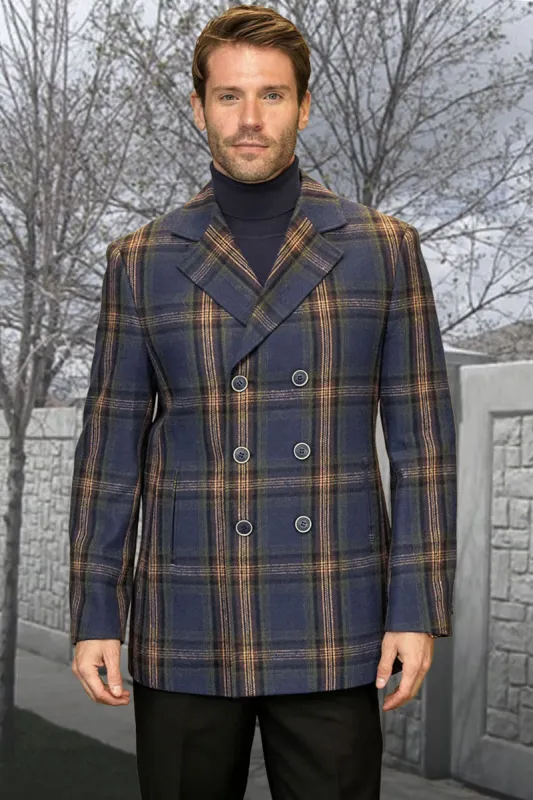 Men's Designer 100% Wool Winter Peacoat in Blue & Gold Plaid sold by Alberto Nardoni