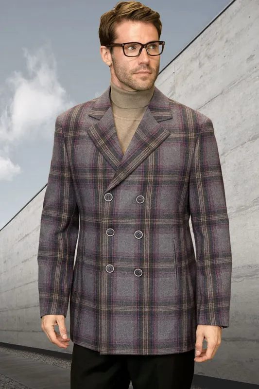 Men's Designer 100% Wool Winter Peacoat in Grey Plaid sold by Alberto Nardoni
