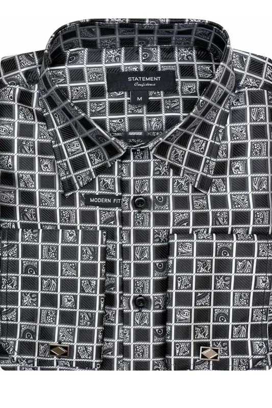 Men's Fancy French Cuff Long Sleeve Dress Shirt in Black Windowpane Plaid sold by Alberto Nardoni