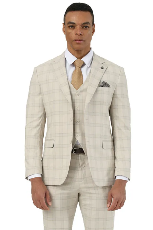 Men's Designer Stacy Adams Vested Glen Plaid Suit in Beige sold by Alberto Nardoni