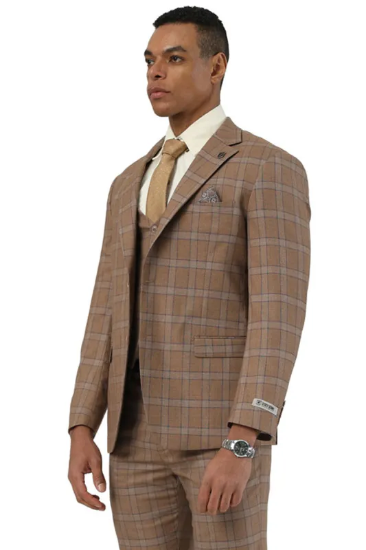 Men's Designer Stacy Adams Vested Glen Plaid Suit in Brown sold by Alberto Nardoni
