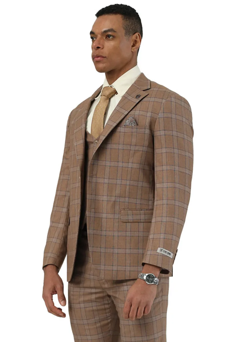 Men's Designer Stacy Adams Vested Glen Plaid Suit in Brown sold by Alberto Nardoni