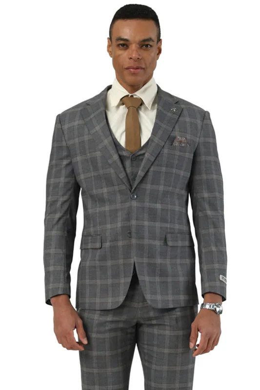 Men's Designer Stacy Adams Vested Glen Plaid Suit in Charcoal & Brown sold by Alberto Nardoni