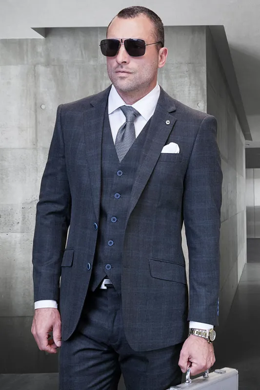 Men's Designer Wool Two Button Vested Modern Fit Plaid Suit in Charcoal Grey sold by Alberto Nardoni