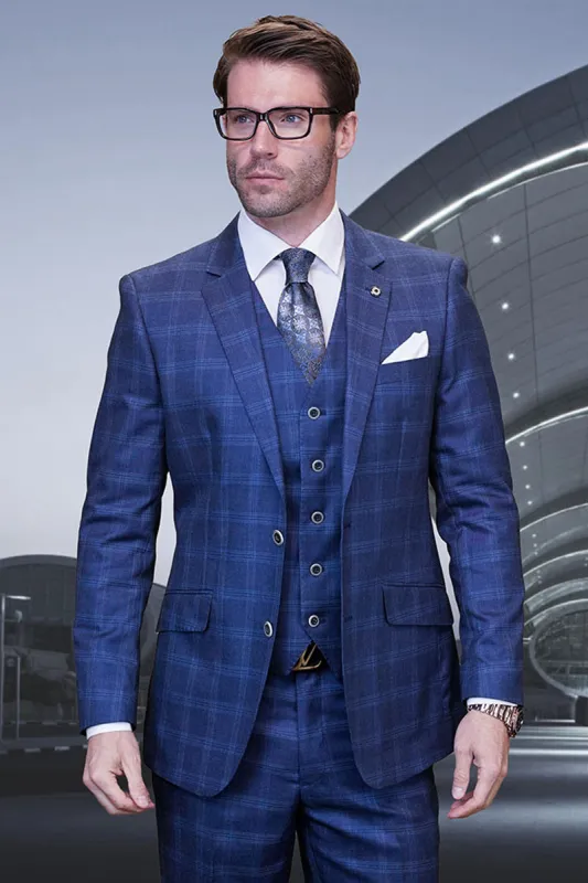 Men's Designer Wool Two Button Vested Modern Fit Plaid Suit in Indio Blue sold by Alberto Nardoni