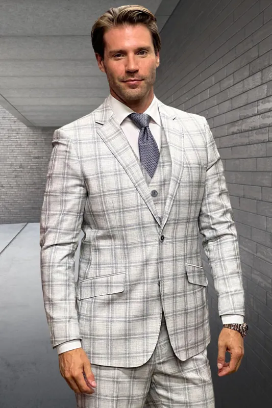 Men's Designer Vested Wool Suit in Tan Double Windowpane Plaid sold by Alberto Nardoni