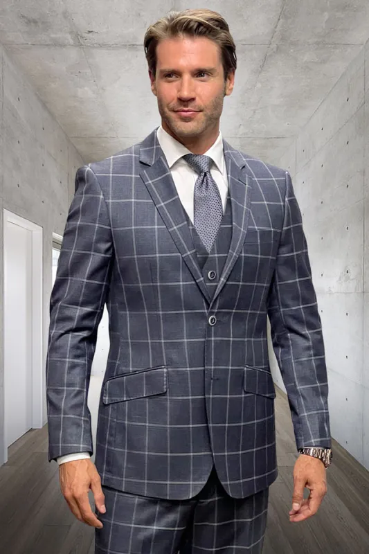 Men's Designer Two Button Vested Wool Windowpane Suit in Grey sold by Alberto Nardoni