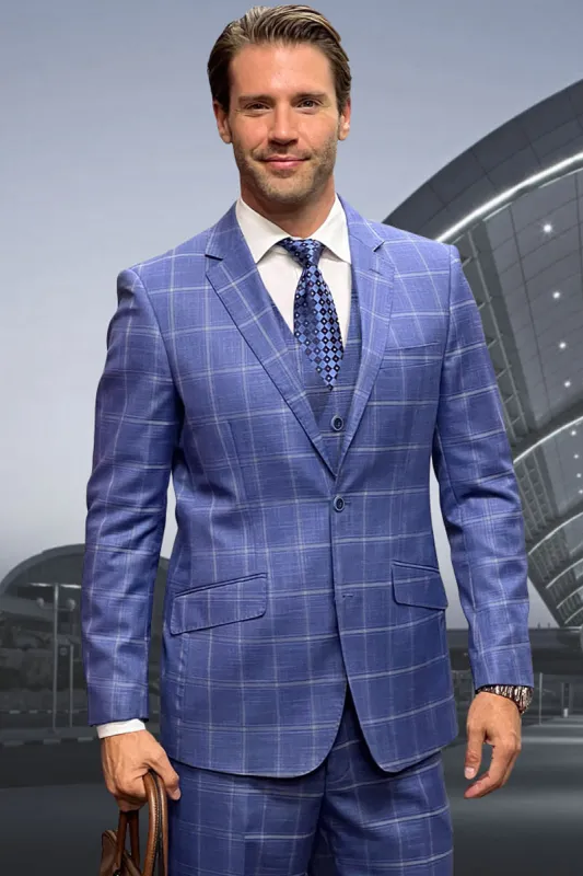 Men's Designer Two Button Vested Wool Windowpane Suit in Indigo Blue sold by Alberto Nardoni
