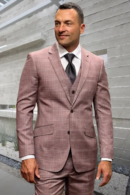Men's Designer Two Button Vested Wool Windowpane Suit in Mauve Pink sold by Alberto Nardoni