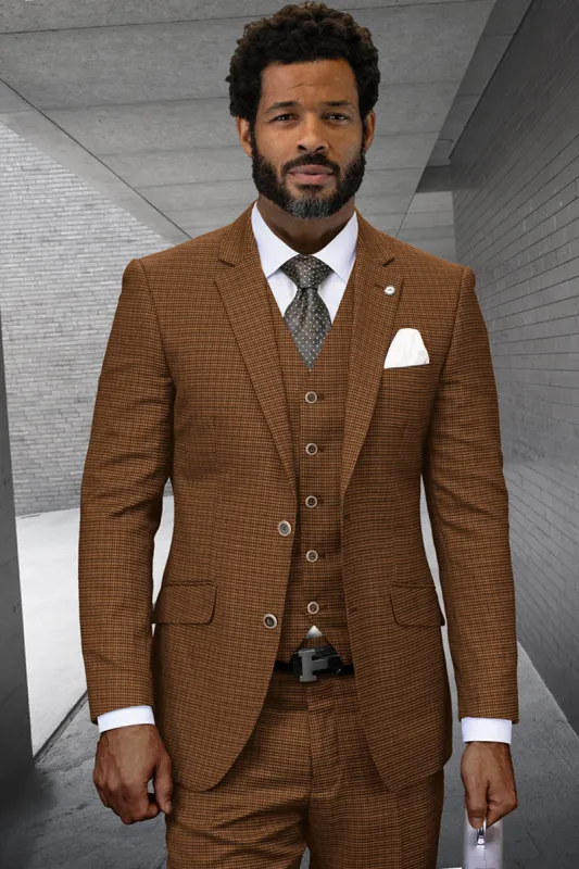 Men's Two Button Modern Fit Designer Vested Wool Suit in Copper Micro Plaid sold by Alberto Nardoni