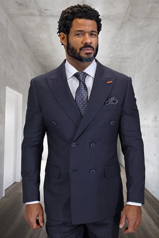 Men's Designer Double Breasted Wool Suit in Black Micro Plaid sold by Alberto Nardoni