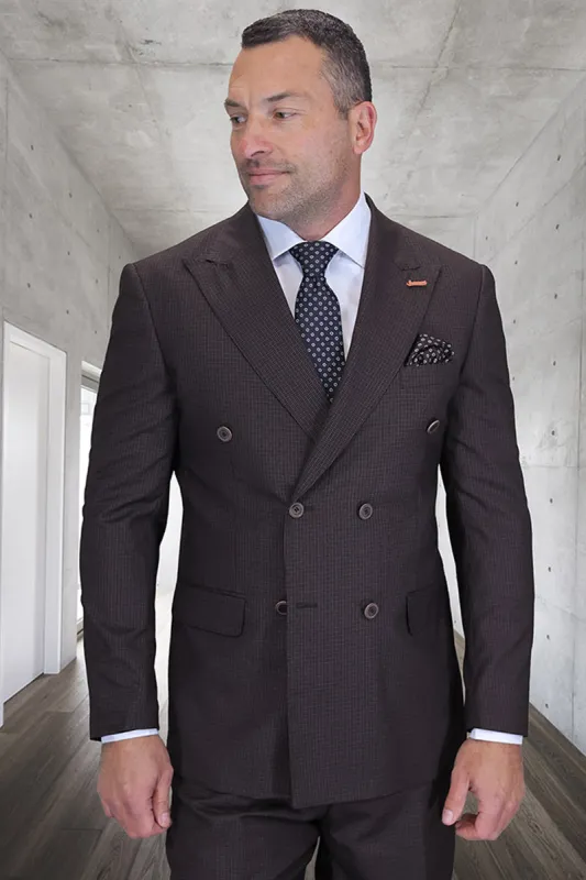 Men's Designer Double Breasted Wool Suit in Brown Micro Plaid sold by Alberto Nardoni
