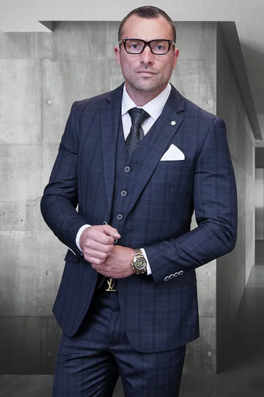 Men's Designer Modern Fit Vested Wool Suit in Charcoal Grey Glen Plaid sold by Alberto Nardoni