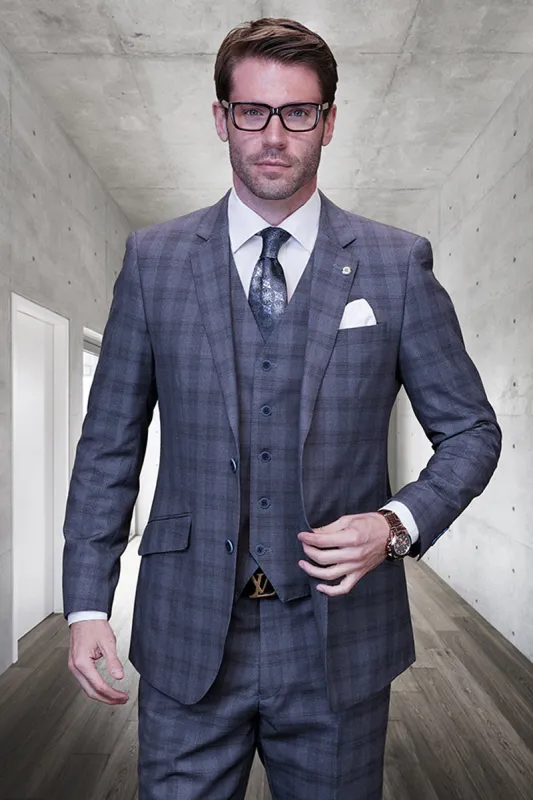 Men's Designer Modern Fit Vested Wool Suit in Grey Glen Plaid sold by Alberto Nardoni