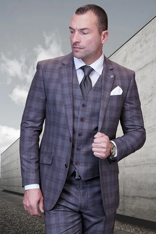 Men's Designer Modern Fit Vested Wool Suit in Taupe Glen Plaid sold by Alberto Nardoni