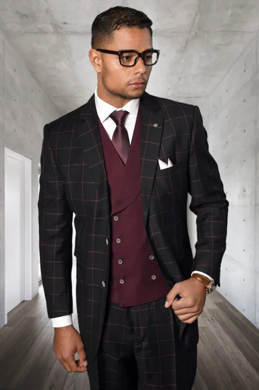 Men's Designer Two Button Vested Wool & Cashmere Suit in Black & Burgundy Windowpane Plaid sold by Alberto Nardoni